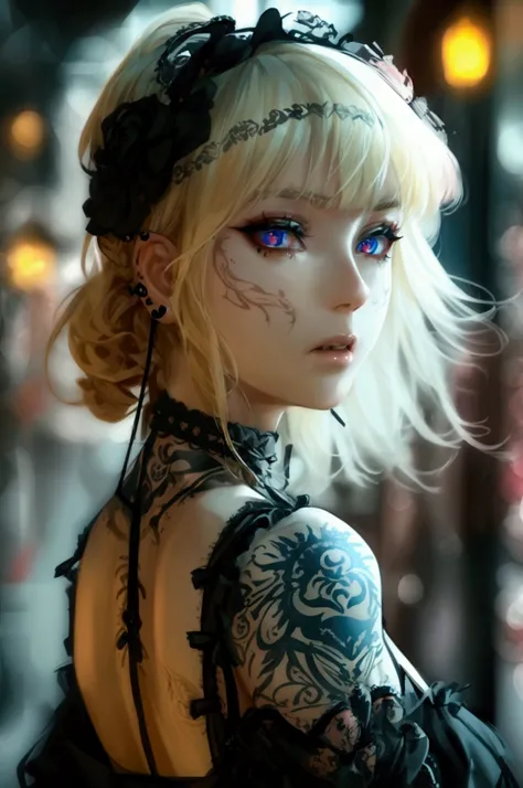 Clear and detailed facial features, beautiful woman, blonde hair, braided, elegant gothic make-up, large expressive eyes, intricate tattoos, wearing a disheveled gothic-style corset minidress, shoulder straps, half jacket, falling off ahoulders, beautiful ...