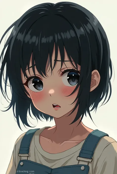 One girl, Alone, Small breasts,Very Short Hair ,Black Hair,Black Eyes,Freckles,Open your mouth a little, Double teeth,Damaged clothing, Parted bangs, Hair behind ears, Blushing, saliva, Vertical pupil/Cat&#39;s eyes, Drooling, I want to cry, saliva stringi...