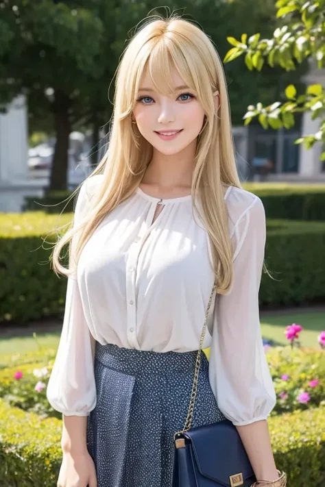 High resolution, Long Hair, , bangs, Blonde, Large Breasts, Smiling beautiful face、172cm.Age 25、sexy、sex appeal、Model body type Blue eyes、American、skirt、blouse、Handbags
