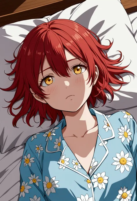 red-haired girl with yellow eyes lying in bed, short messy hair, wearing light blue pajamas with white flowers, sleepy expression, in anime meddle distance style.