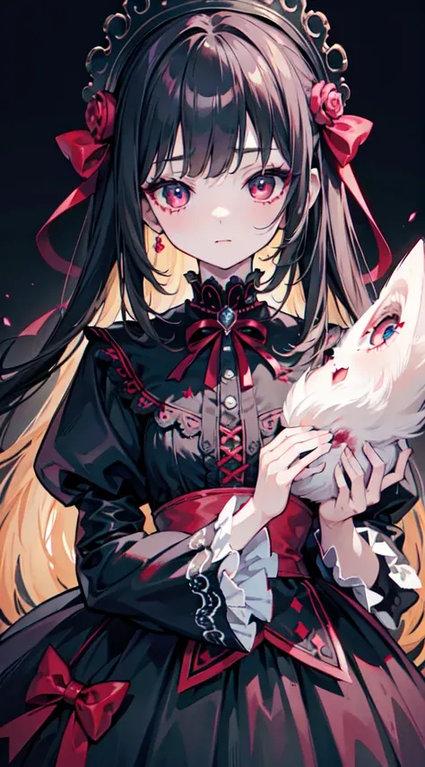 masterpiece, (1girl), vampire girl, bloody eyes, kawaii, cute, detailed outfit, detailed accessories, pretty girl, pretty face, best quality, best resolution, detailed dress, dark hair, , halfbody, childish face, big head, fluffy dress, big eyes, ultra hd,...