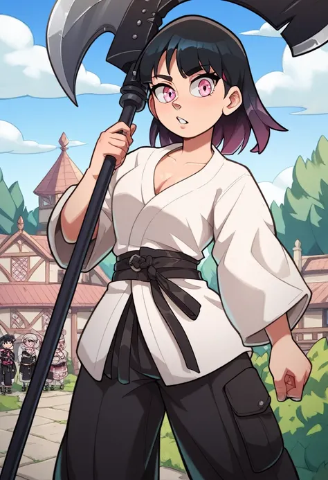 Girl, pink eye, black hair,white robe,black pants,cute,medieval japanese,big tit,black karate belt, pink accessorise on shirt,cool girl, badass, perfect body,thick thigts, straight 2 hair,neutral, mysterious,holding black scythe,anime