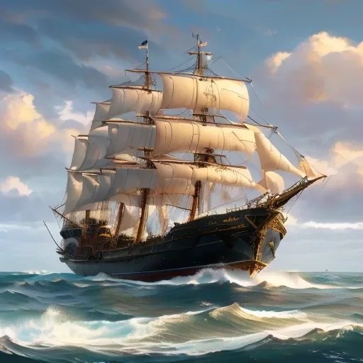 painting of a large sailing ship in rough ocean with clouds, ship at sea, ships with sails, sailing ship, sea of thieves style, ...