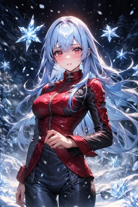 absurdres, highres, ultra detailed, HDR, master piece, best quality, extremely detailed, detailed eyes, detailed face, Kula Diamond, light-blue hair, expressive red eyes, The King Of Fighters, solo, woman, beautiful, cherry red and black clothes, magical, ...