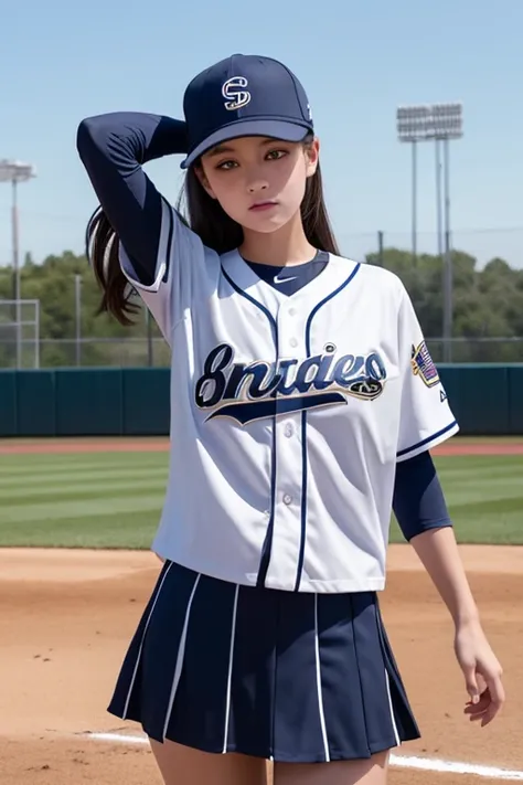 Girl in a baseball uniform with a skirt whose team is called “Second” and whose suit is navy blue, black and white with touches of red