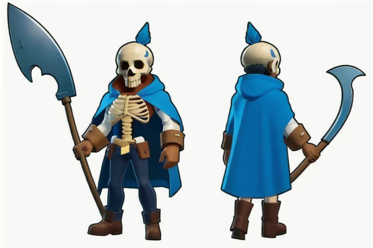 Cartoon aspect ratio, A skeleton in a blue cloak holding a scythe, character sheet, full body, low poly, The head to body ratio is 1:1