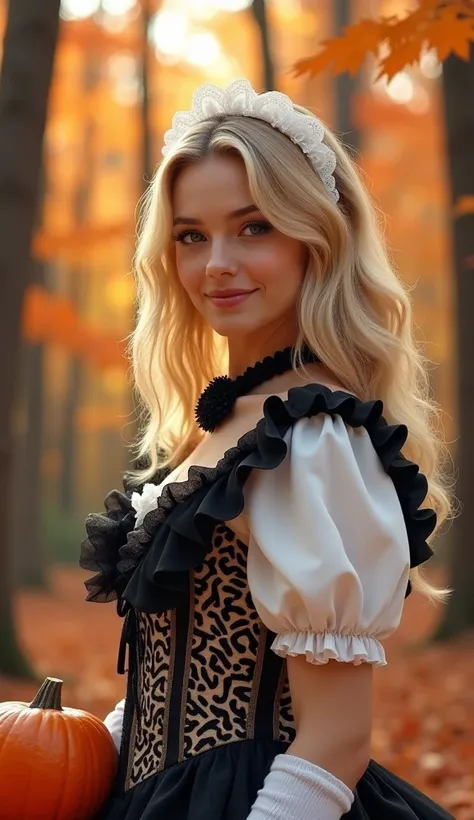 Russian woman with blonde medium-long hair、Bright smile, Real、Realistic、8k, Full-body view from the front、Lolita fashion in black and white zebra print with lots of frills, A skirt with lots of black frills、White lace headband、White ruffled sleeves、Detaile...