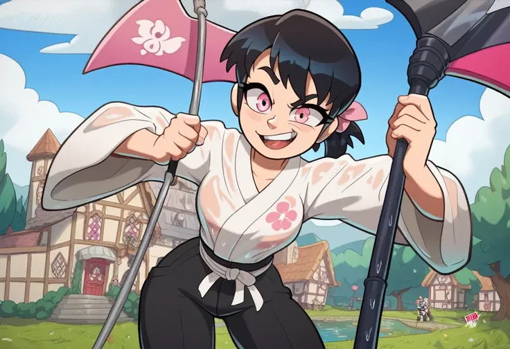 Girl, pink eye, black hair,white robe,black pants,cute,medieval japanese,big tit,black karate belt, pink accessorise on shirt,cool girl, badass, perfect body,thick thigts, straight 2 hair,neutral, mysterious,holding black scythe,anime,youtube thumbnail,you...