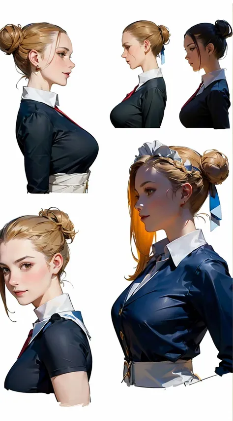 2, redhead JordanCarver, (((happy flirty expression))) jeans and tight top with (gold and blue college sports jacket), ((bun hairstyle)) (((detailed character sheet, frontal view, side view, three quarter view))) (big muscle) (huge penis)   (masterpiece, 8...