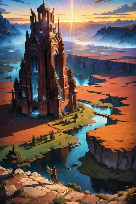 a detailed fantasy landscape, abstract expressionist, top view, surrealism, realism, nordic renaissance, assuran kingdom with rocky and barren plains surrounded by rivers, sonseritran kingdom with plateaus and forests, orichalcum kingdom with large trees a...