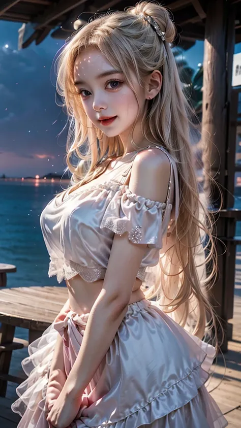 One beautiful girl、round face、Fair and shiny skin、Big eyes、Droopy eyes、Laugh with your mouth slightly open、Her hair is a platinum gold bob.。The outfit was a gothic, two-piece off-the-shoulder top made of white, shiny, sheer silk lace material.、Off-waist, p...