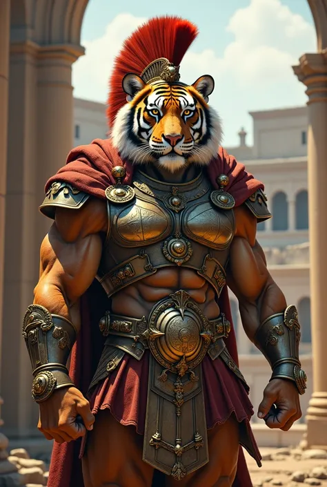 tiger with human shapes in gladiator clothes