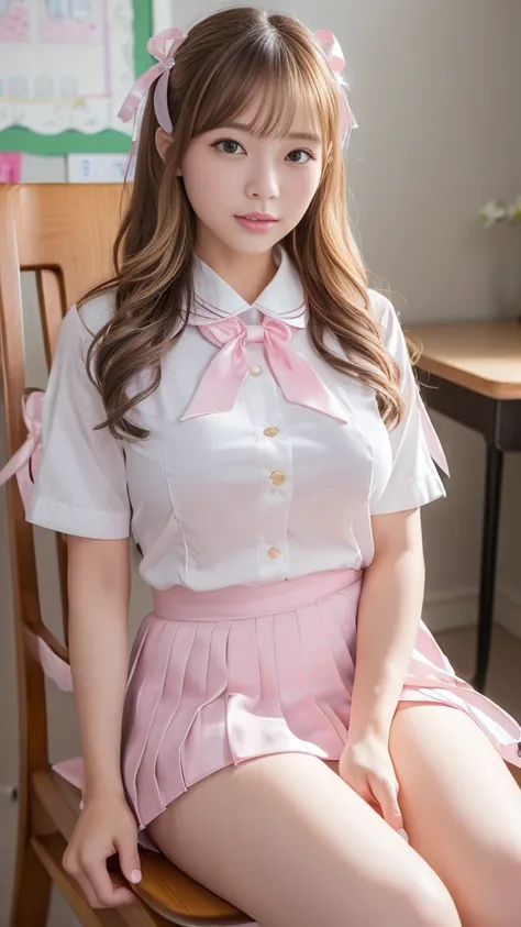 (masterpiece:1.3)、(8k、Photorealistic、Original photo、Realistic、Best Quality: 1.4)、(One Japanese girl)、Big Breasts、Beautiful Skin、White skin、、（Shiny Hair、Golden wavy mesh hair 2.2）(((white school uniform、Pink ribbon 2.2)))（）（finger to cheek1.5）Dark bedroom、S...