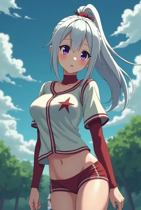 HD、Animation style、white hair 、Purple Eyes、girl、plump breasts 、High school student 、single ponytail、Baseball player、Light color short sleeve top、Long sleeve red underwear、Good shape、Thin、sash、Sky、cloud、sunny、plump breasts、Navel exposed、dazzler、Breasts expo...