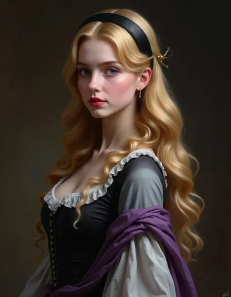 Portrait of princess Aurora, beautiful young woman, wavy, golden hair, violet eyes, and red lips. Her skin is fair and flawless. She wears a black bodice over a gray long-sleeved calf-length frock with a white shirt collar. She wears a black headband and c...