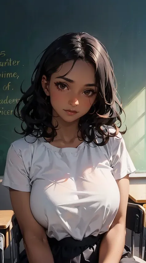 1girl, in a classroom, teacher, mature female, ((dark-skinned female)), modest outfit, long black hair, curly hair, brown eyes, curvy, mascara, eye liner, expressionless,  AddXL, perfecteyes