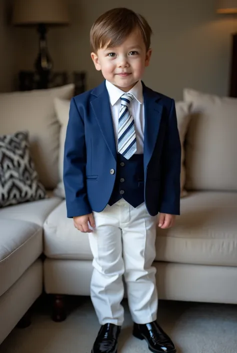 Photograph of a seven-year-old boy, standing with very elegant black patent leather shoes, Next to the sofa, brown blonde hair, Brown eyes and blanco skin. The boy was wearing a two-tone blue and white tuxedo, white and blue tie with white stripe gray stri...