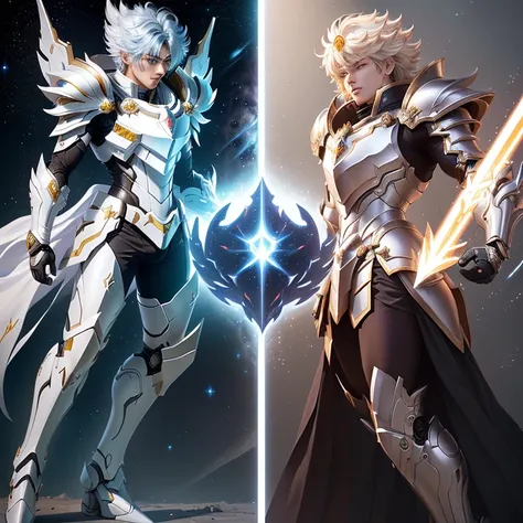 a close up of two different views of a boy in a spacesuit, unreal engine render Saint Seiya, Saint Seiya, knights of the zodiac , official character art, draconic looking armor, bright white armor, cyber japan style armor, new fantasy design concept, chara...