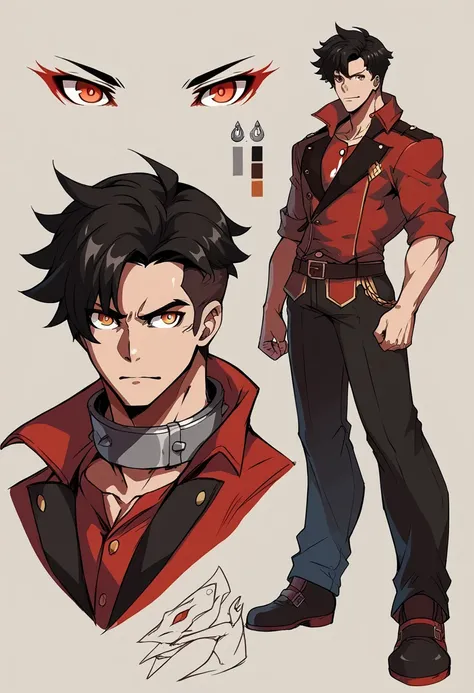 rwby style ,human male,  hair style , wearing red shirt, wearing big metal collar , pupils, simple background,character sheet , ...