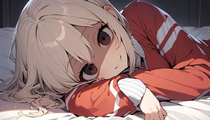 ((masterpiece)),((best quality)),((high resolution)),1girl,solo,(yandere),((track suit)),((clothes)),(loli face and big boobs:1.2),(diminutive:1.3),((lying on side)),(on,bed),((upper body)),BREAK,(smile:1.2),((shaded face)),((empty eyes)),(inside,bedroom)