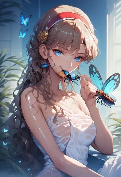 (Ultra HD:1.3), 1girl,looking at viewer,(beautiful detailed blue eyes), sitting, (amagi_Yukiko), (anime eyes), curly Hair, wearing wet bodytowel, (Eating insects:1.2),  (Gnawing at insects), face, (masterpiece, ultra-detailed)