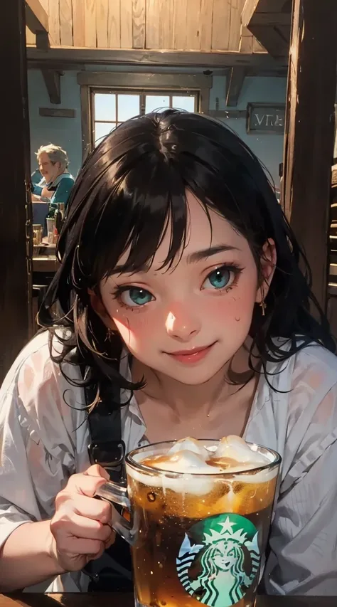 Venti the bard, Venti, background tavern, holding beer, smiling, drunk, close up; blushing, sweating, sitting, looking at viewer, beautiful eyes, delicate details,AddXL