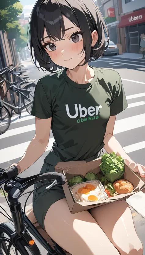 masterpiece, Best Quality, High resolution, Super detailed, Anime Style, Uber Eats,  Standby, Cowboy Shot, One Girl, , Sitting, Cute Face, Small breasts, Black short hair, break, Dark Eyes, break, Delivery Person, bicycle, Outdoor, 