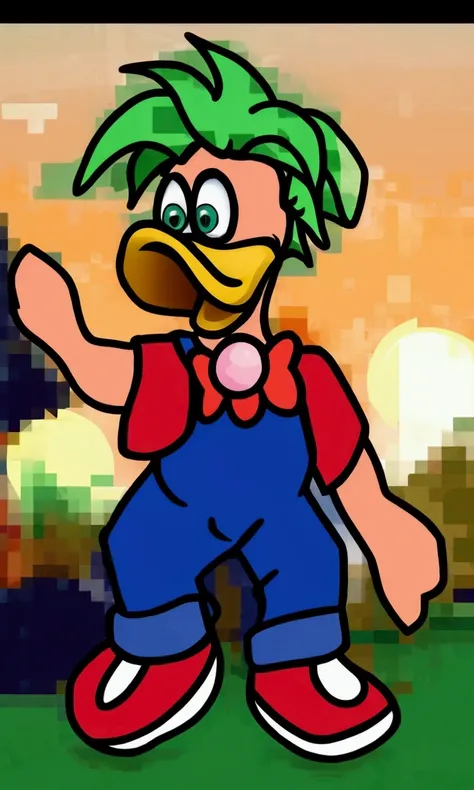 cartoon image of a duck with green hair and a red shirt, art in the style of joshy sly, inspired by Jacob Duck, inspired by Luigi Kasimir, 2 d sprite, 2 d texture, 2d texture, subject= duck, varguyart style, vinny from vinesauce, donald duck, loony tunes s...