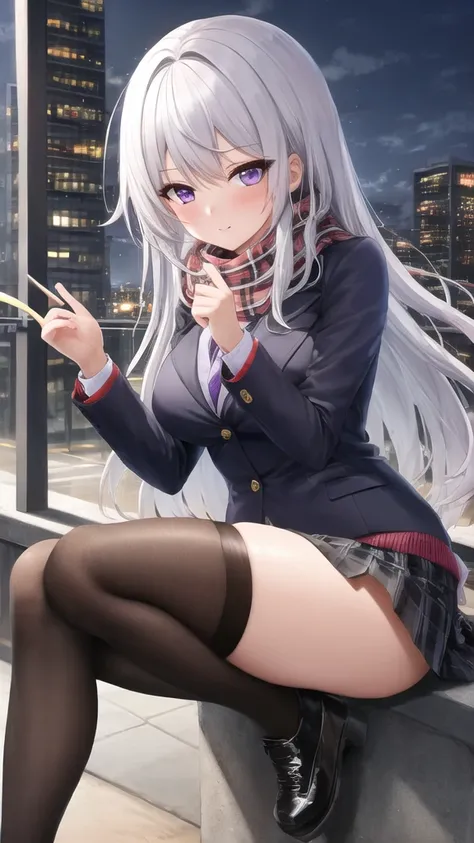 masterpiece, best quality, 1girl, sitting, city, white hair, long hair, purple eyes, buttoned shirt, jacket, scarf, skirt, thigh highs