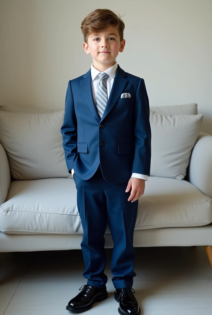 Photograph of a seven-year-old boy, standing with very elegant black patent leather shoes, Next to the sofa, brown blonde hair, Brown eyes and white skin. The boy was wearing a two-tone blue and white tuxedo, corbata blanca y azul con rayas blancas grisesP...