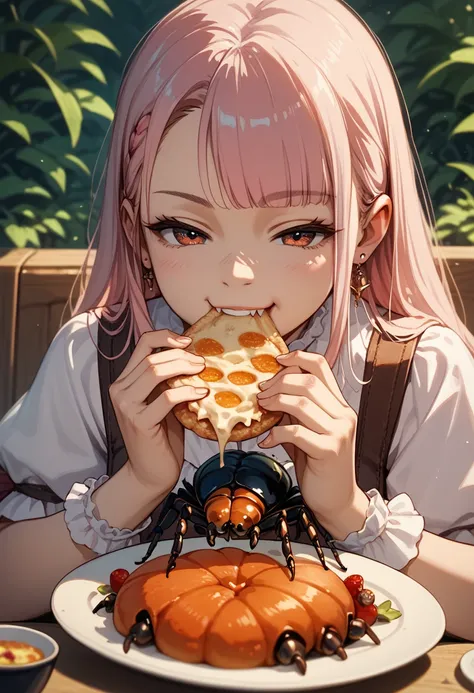 1girl, Sitting Girl, meal, (Eating insects:1.3), smug_ness, fantasy_clothed, close_up of body, (Biting a spider), (masterpiece, ultra_detailed), (Ultra HD:1.3), eating