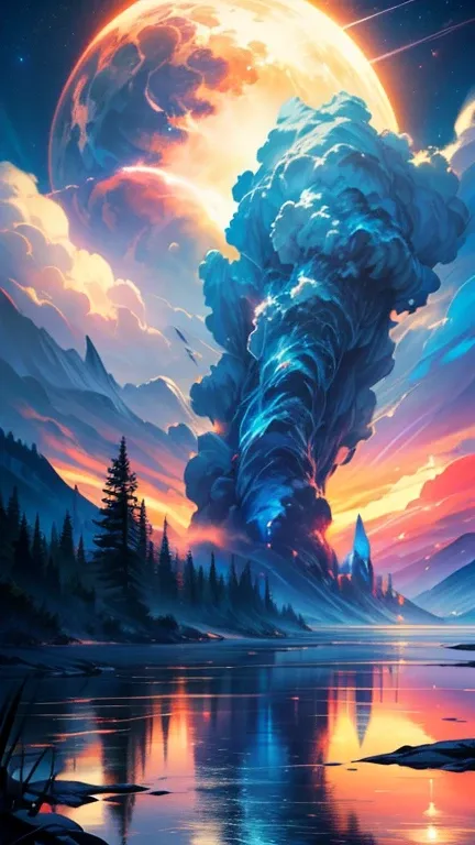 (best quality,4K,8K,high resolution,masterpiece:1.2),Extremely detailed,(Practical,photoPractical,photo-Practical:1.37),Blue sky,Flame particles,sunrise,Vibrant colors,Warm lighting,Abstract Art,Brushstrokes,Paradise scenery,Ethereal atmosphere,Peaceful at...