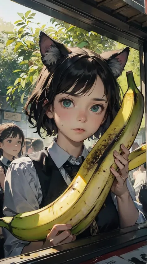 Two girls in cat ears, light clothing, sweat,Alert,
Wooden impending office, emergency,
A steampunk banana life form that combines the organic and the mechanical
Bananas have evolved, bananas that walk on their own,banana-moon, mist,
Fleeing dangerous ritu...