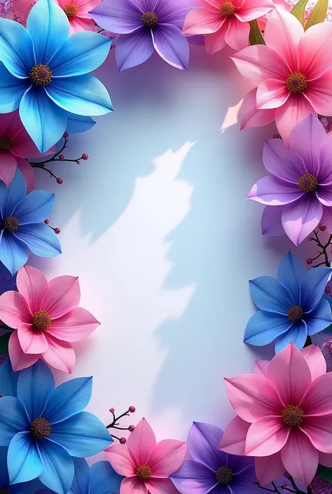 Frame of bright and striking colored flowers blue pink purple