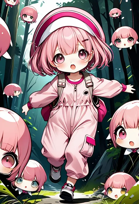 kawaii chibi character girl, pink bob haircut, cute big round eyes, expressive, various expressions, wearing baggy pink jumpsuit...