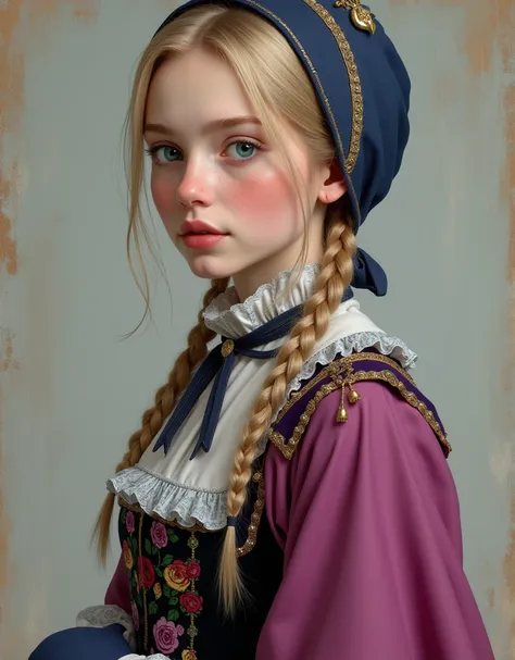 Portrait of Anna has a slender build and fair skin. She has turquoise eyes, rosy cheeks, thin pink lips, a small nose, long, she has strawberry-blonde hair, tied into two braided pigtails, bangs down her forehead, and a light dusting of freckles. She has a...