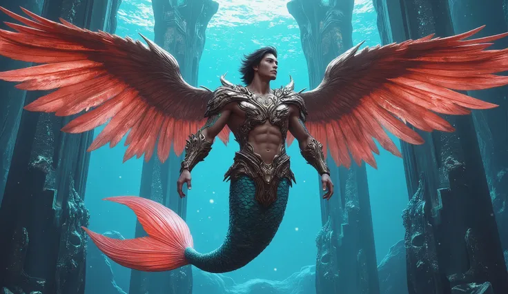 A majestic depiction of A male mermaid within a Royal Crystal Palace, adorned with Regal Gem Patterns and animated through Noble Light Refraction, glowing in royal hues of blue and red,feathered wings