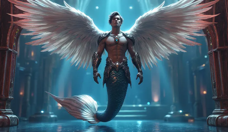 A majestic depiction of A male mermaid within a Royal Crystal Palace, adorned with Regal Gem Patterns and animated through Noble Light Refraction, glowing in royal hues of blue and red,feathered wings