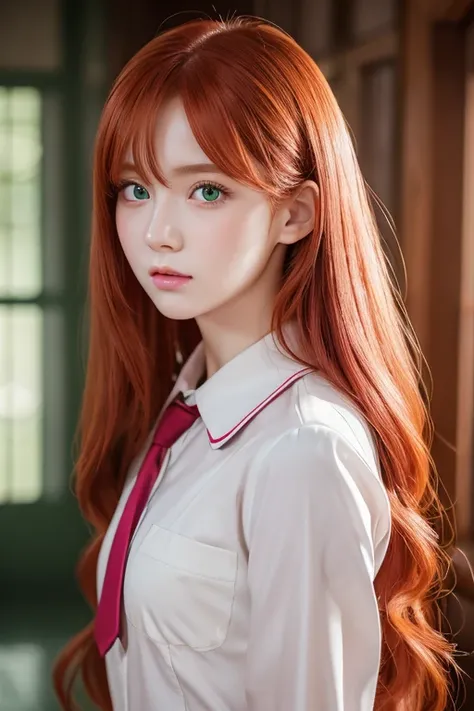 a beautiful young woman with long, vibrant red hair wearing school outfit, a tsundere expression on her face, detailed facial features, striking green eyes, delicate pink lips, porcelain skin, standing in a detailed, whimsical indoor setting, cinematic lig...