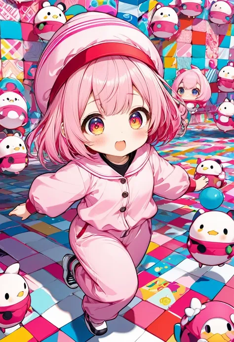 kawaii chibi character girl, pink bob haircut, cute big round eyes, expressive and various expressions, wearing baggy pink jumpsuit, baggy hat, running, background vivid color pattern patchwork wallpaper, conceptual installation art, BREAK delicate and dyn...