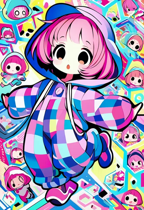 kawaii chibi character girl, pink bob haircut, cute big round eyes, expressive and various expressions, wearing baggy pink jumps...