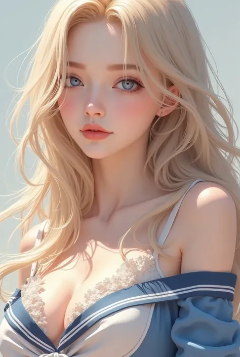 Very white and radiant beautiful skin, A beautiful girl, Unparalleled beauty, Bright, refreshing and gentle expression, Perfect beautiful pretty face、Shiny baby blonde silk super long straight hair, Beautiful shiny bangs, A very beautiful , Eyeliner, Very ...