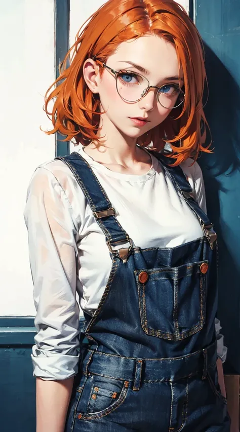 Girl with orange hair in dark blue jean overalls, with white thin frame glasses on her face, dark blue eyes, rim lighting, 4k, detail