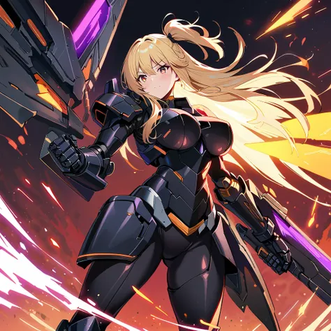 Anime, high detailed, 1 girl, Blondie, side up hairstyle, long hair, Large breasts,mecha armor, black ebony armor, cleava, mechanical Gauntlet, large mechanical wings, lazer blade, sparks, Bio-sparks, sheen aura, curvy body