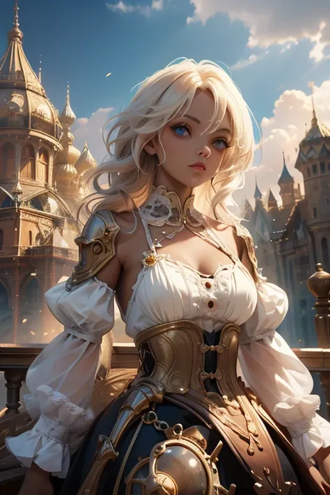 create an illustration depicting a  overlooking a steampunk cityscape. the girl has dark skin, short blonde hair and shiny blue ...