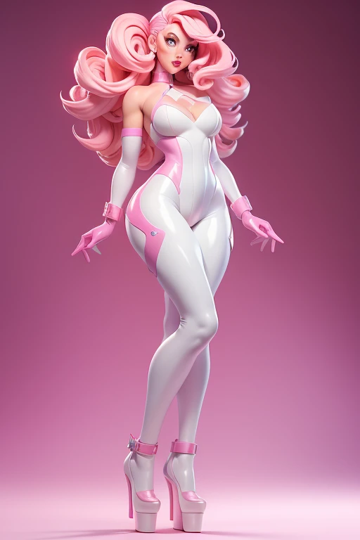 3DMM,MJ3D,(masterpiece, best_quality, ultra-detailed, immaculate:1.3), full body 3D rendering image epic, illustration, render, volumetric lighting, welcoming, pink background, long latex gloves, bondage lingerie, white pantyhose and platform heels, multic...