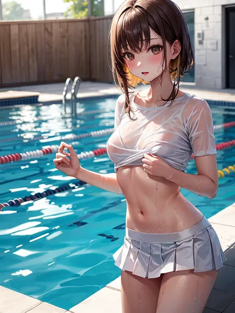 (nsfw1:1),masterpiece, Best Quality, 1 girl, Alone, Teenager, Standard Chest, Light brown eyes, bangs, blonde, White shirt, White ultra mini skirt, Slender body, School swimming pool, Emphasize the chest, Wet clothes, Arch one&#39;s chest, Long Hair, Bathi...