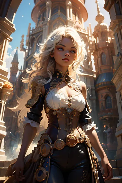 create an illustration depicting a  overlooking a steampunk cityscape. the girl has dark skin, short blonde hair and shiny blue ...