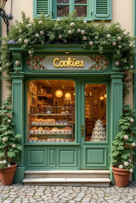 Create a real cookie storefront with a predominant soft green, as if you had stepped out of a magical fairy tale