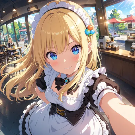 (masterpiece: 1.2), (Very detailed: 1.2), (Very detailed CG: 1.2), (High image quality: 1.2), (Please redeem), 8k, Anime illustration, perfect lighting, tree々Sunlight shining through, Cheeky girl , (blonde: 1, Long Hair, blue eyes: 1.2), (Maid uniform), (S...